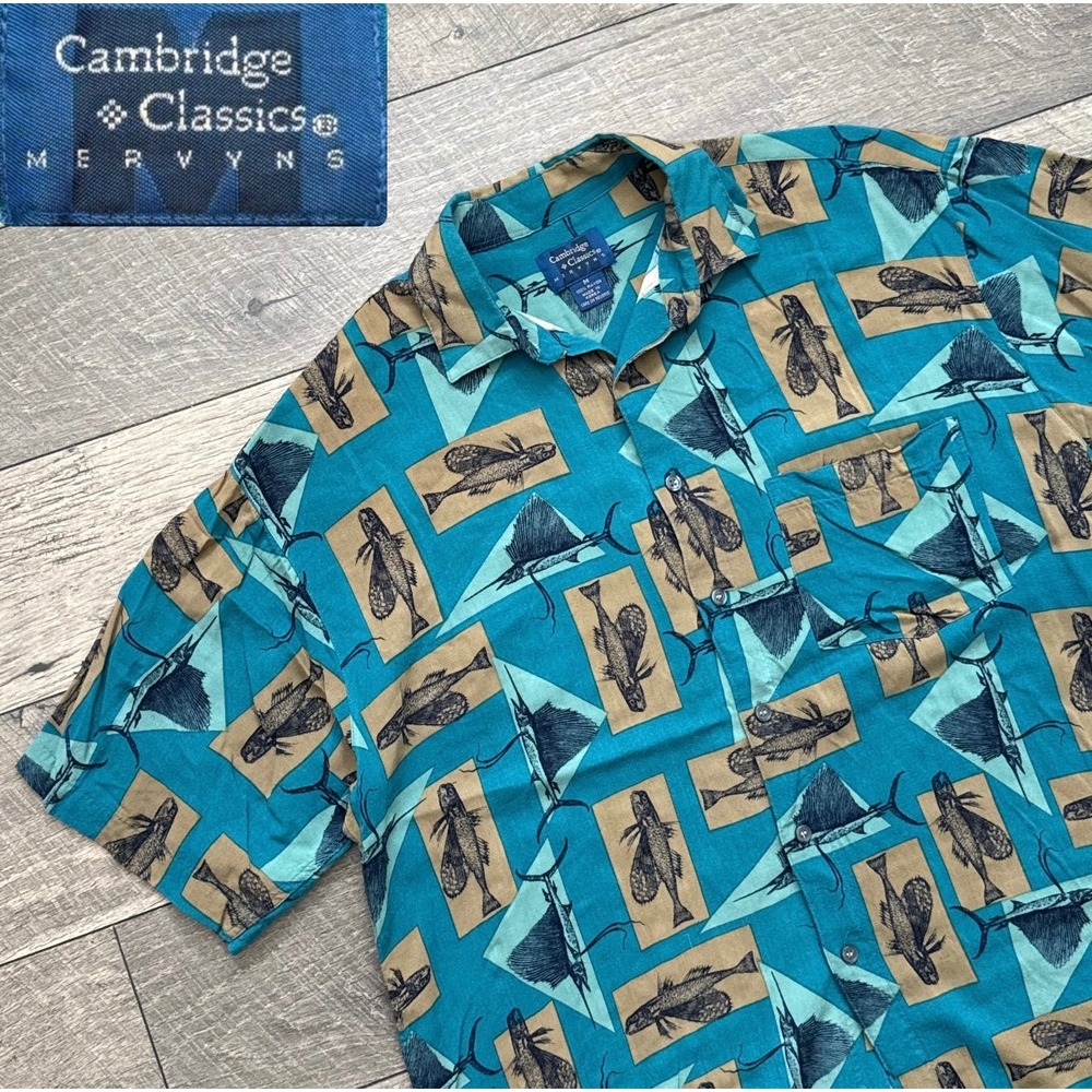 VTG Cambridge Classics Mervyns Rayon Fish Print Button Down Shirt Teal Mens M